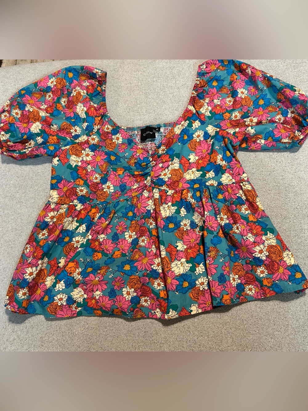 Floral Teal Puff Sleeve Peplum Tunic Top